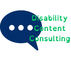 Blue and white chat bubble. Green text reads, "Disability Content Consulting."